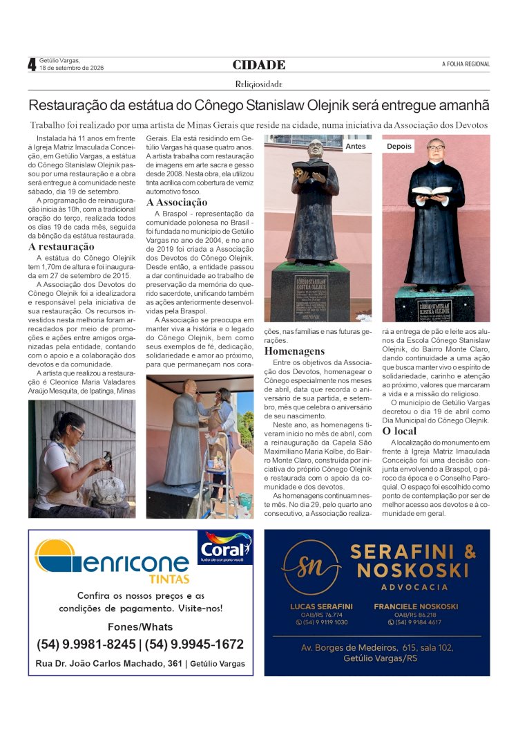 Restauração da estátua do Cônego Stanislaw Olejnik será entregue neste sábado.