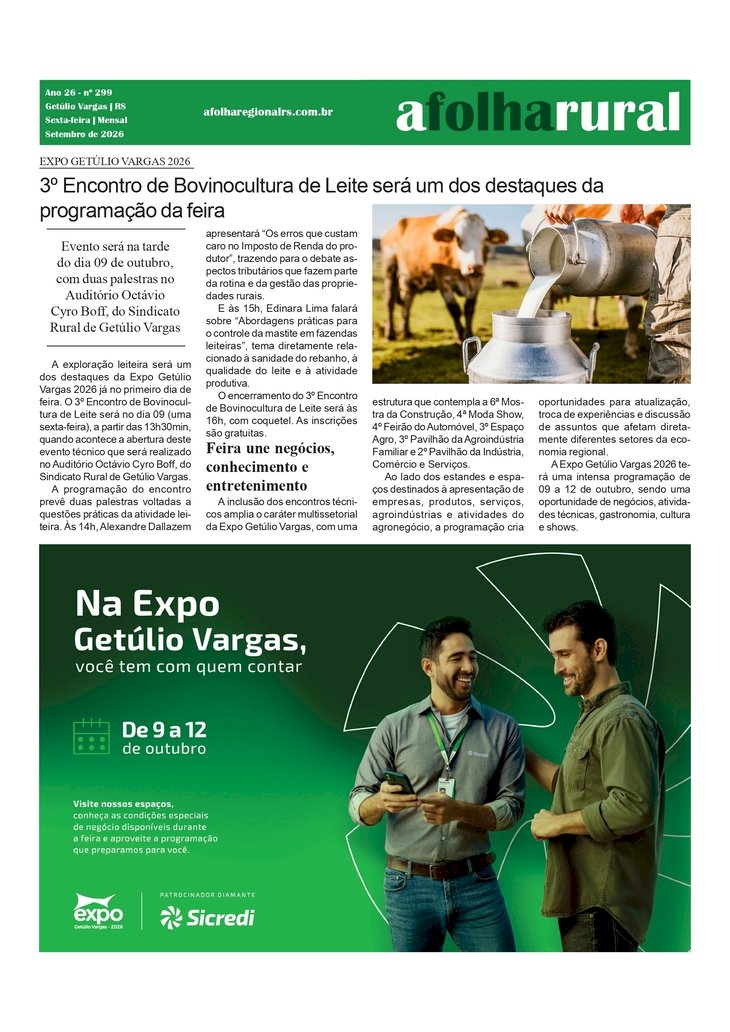 3º Encontro de Bovinocultura de Leite será um dos destaques da programação da Expo Getúlio Vargas 2026