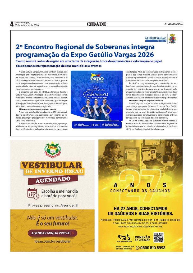 2º Encontro Regional de Soberanas integra programação da Expo Getúlio Vargas 2026 