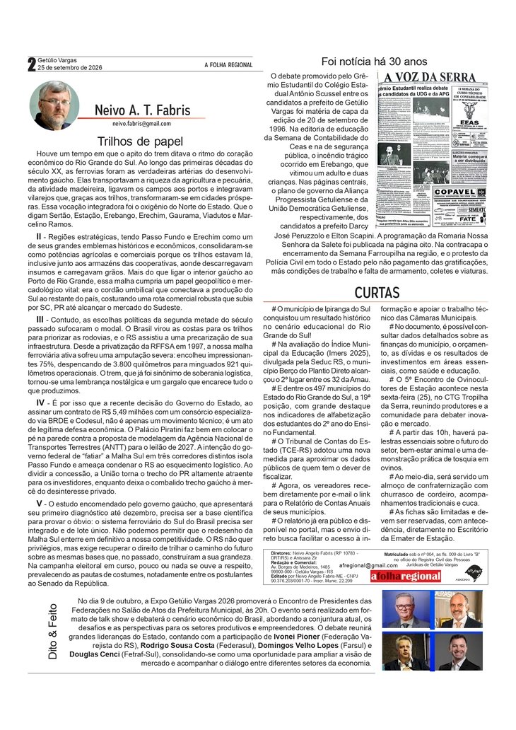 Trilhos de papel, por Neivo A T Fabris. Edição 25/9/2026