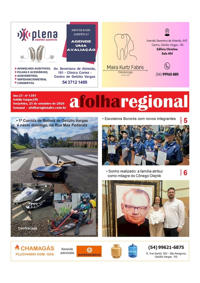 A FOLHA REGIONAL. Ano 27, nº 1.396. Getúlio Vargas RS, 25 de setembro de 2026.