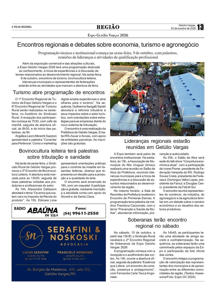 Encontros regionais e debates sobre economia, turismo e agronegócio integram a Expo Getúlio Vargas
