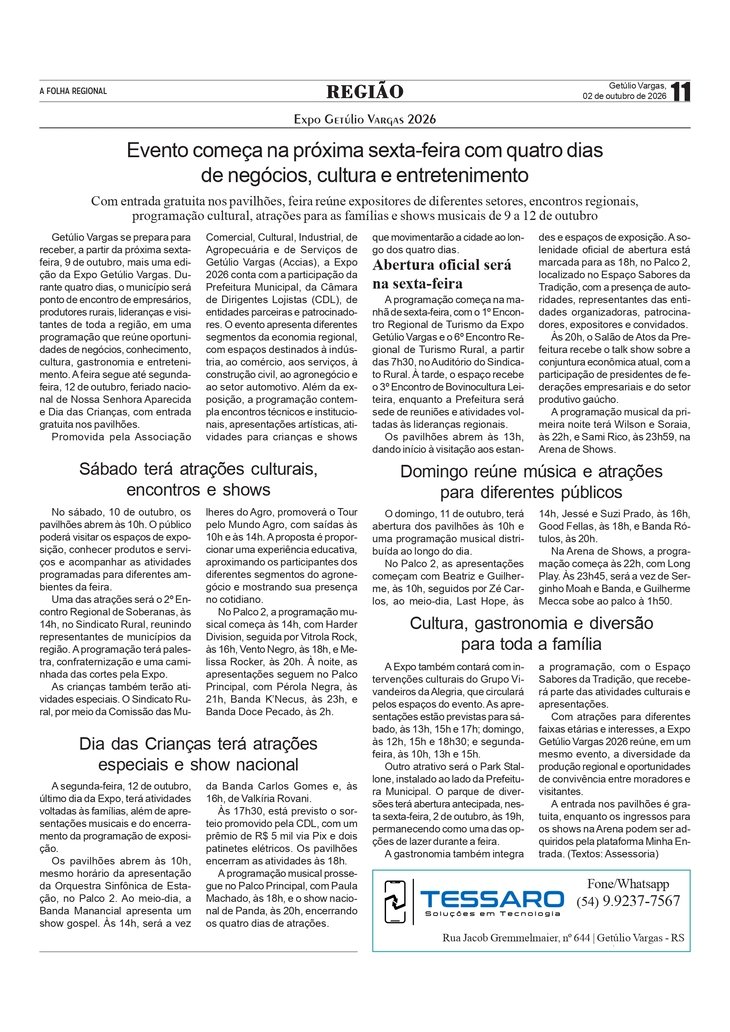 Expo Getúlio Vargas 2026 começa na próxima sexta-feira com quatro dias de negócios, cultura e entretenimento