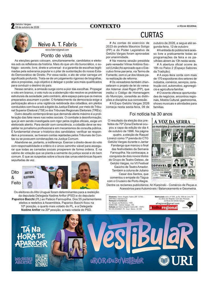 Ponto de vista, por Neivo A T Fabris. Edição 09/10/2026