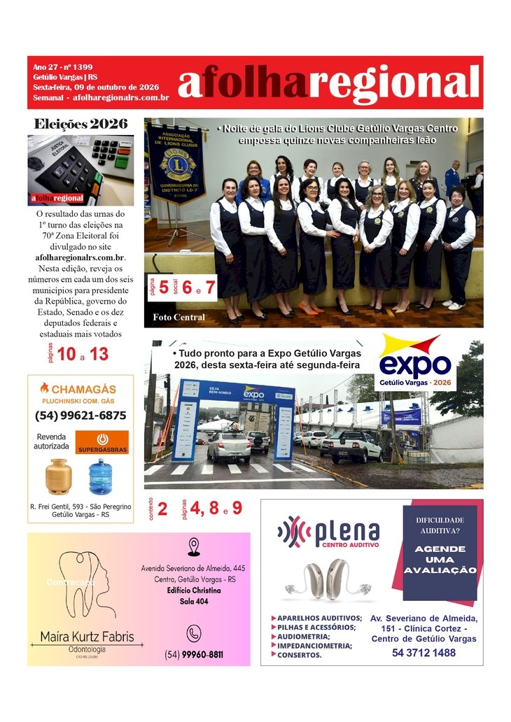 A FOLHA REGIONAL Ano 27, nº 1.398. Getúlio Vargas RS, 09 de outubro de 2026.
