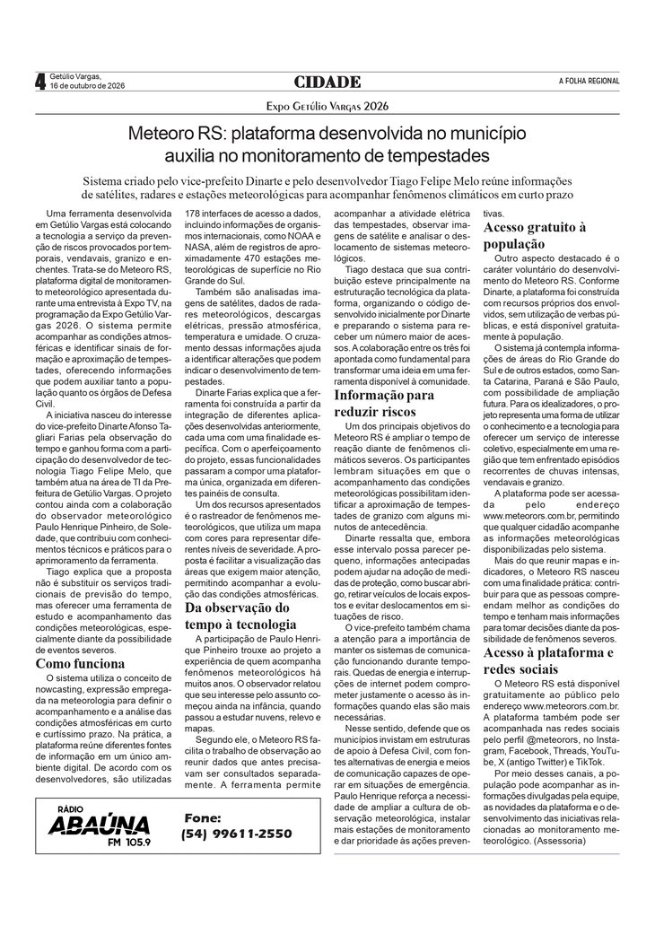 Meteoro RS: plataforma desenvolvida em Getúlio Vargas auxilia no monitoramento de tempestades.