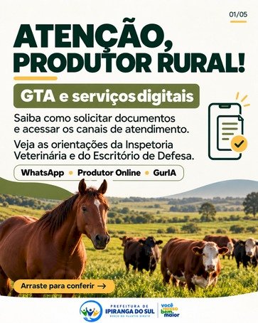 Produtores de Ipiranga do Sul podem solicitar GTA pelo WhatsApp e acessar serviços digitais outubro
