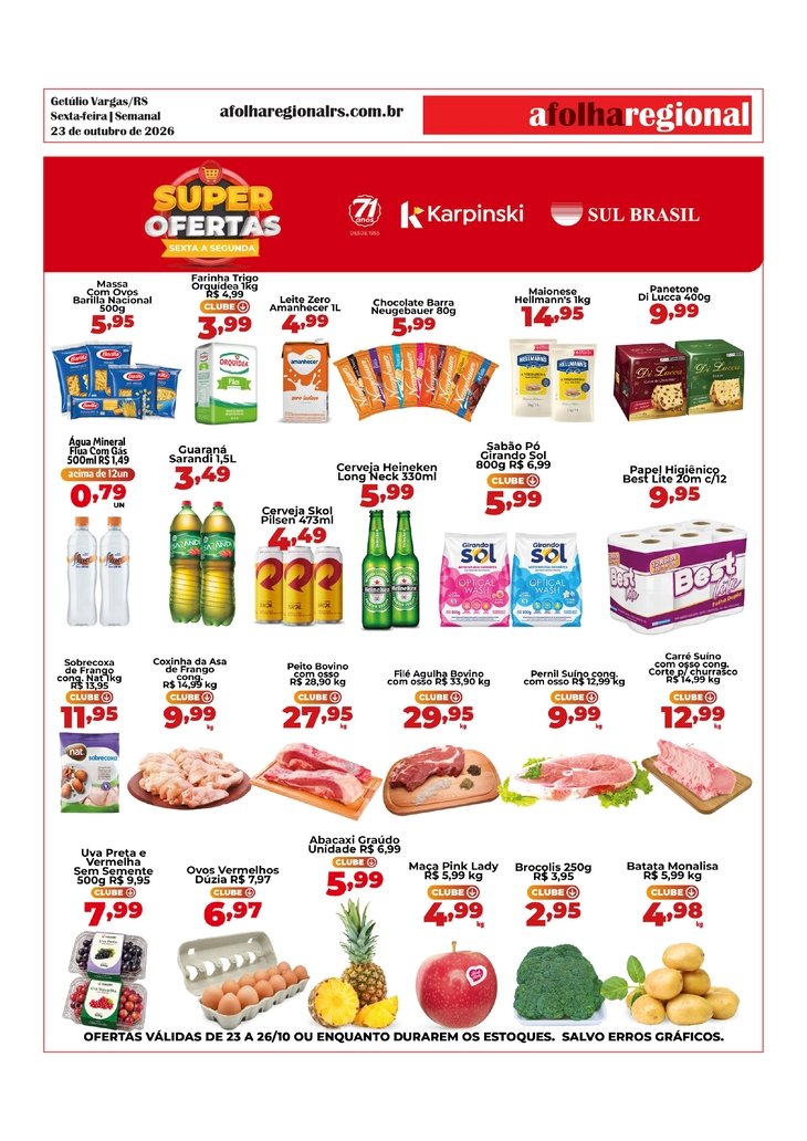 Ofertas do Supermercado Karpinski e Sul Brasil desta sexta-feira e do final de semana - 24, 23 e 25 de outubro de 2026.