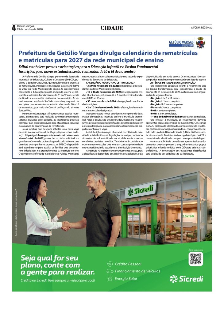 Prefeitura de Getúlio Vargas divulga calendário de rematrículas e matrículas para 2027 da rede municipal de ensino